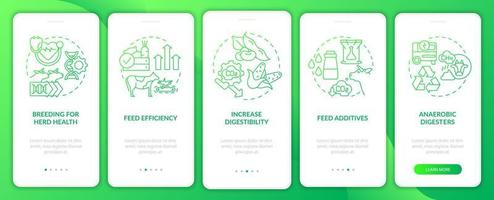 Animal agriculture green gradient onboarding mobile app screen. Walkthrough 5 steps graphic instructions pages with linear concepts. UI, UX, GUI template. Myriad Pro-Bold, Regular fonts used vector