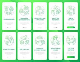 Avoid climate change green gradient onboarding mobile app screen set. Walkthrough 5 steps graphic instructions pages with linear concepts. UI, UX, GUI template. Myriad Pro-Bold, Regular fonts used vector