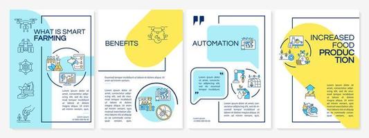 Smart agriculture blue and yellow brochure template. Food production. Booklet print design with linear icons. Vector layouts for presentation, annual reports, ads. Questrial, Lato-Regular fonts used