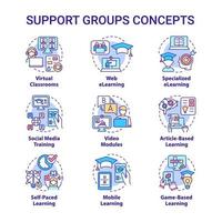 Elearning platform and techniques concept icons set. Online education idea thin line color illustrations. Isolated outline drawings. Editable stroke. Roboto-Medium, Myriad Pro-Bold fonts used vector