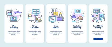 Elearning types onboarding mobile app screen. Online education walkthrough 5 steps graphic instructions pages with linear concepts. UI, UX, GUI template. Myriad Pro-Bold, Regular fonts used vector