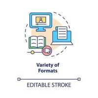 Variety of formats concept icon. Elearning platforms features abstract idea thin line illustration. Isolated outline drawing. Editable stroke. Roboto-Medium, Myriad Pro-Bold fonts used vector