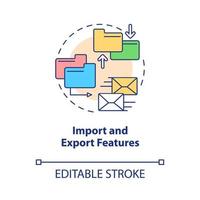 Import and export features concept icon. Elearning platform abstract idea thin line illustration. Isolated outline drawing. Editable stroke. Roboto-Medium, Myriad Pro-Bold fonts used vector