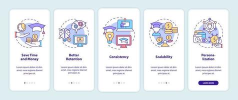 Advantages of elearning onboarding mobile app screen. Online education walkthrough 5 steps graphic instructions pages with linear concepts. UI, UX, GUI template. Myriad Pro-Bold, Regular fonts used vector