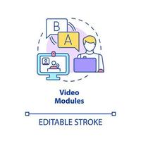 Video modules concept icon. Watch video instructions. Electronic learning abstract idea thin line illustration. Isolated outline drawing. Editable stroke. Roboto-Medium, Myriad Pro-Bold fonts used vector