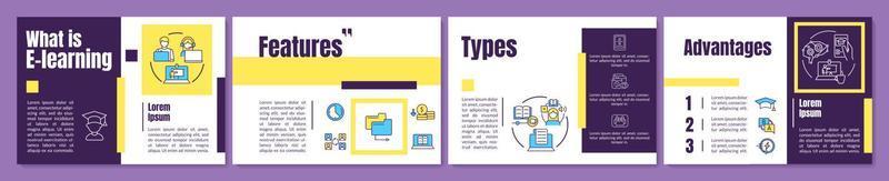 ¿Qué es la plantilla de folleto púrpura y amarillo de elearning? estudiando en línea. diseño de impresión de folletos con iconos lineales. diseños vectoriales para presentación, informes anuales, anuncios. anton, fuentes lato-regulares utilizadas vector