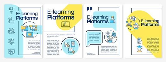 Elearning platforms blue and yellow brochure template. Booklet print design with linear icons. Vector layouts for presentation, annual reports, ads. Questrial, Lato-Regular fonts used