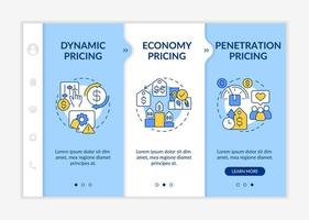 Plantilla de incorporación azul y blanca de estrategias generales de precios. enfoque económico. sitio web móvil receptivo con iconos de concepto lineal. Tutorial de la página web Pantallas de 3 pasos. lato-negrita, fuentes regulares utilizadas vector