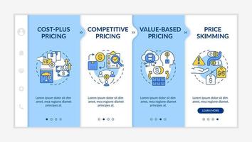 estrategia de precios plantilla de incorporación azul y blanca. método competitivo. sitio web móvil receptivo con iconos de concepto lineal. Tutorial de página web Pantallas de 4 pasos. lato-negrita, fuentes regulares utilizadas vector