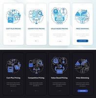 Pricing approaches night and day mode onboarding mobile app screen. Walkthrough 4 steps graphic instructions pages with linear concepts. UI, UX, GUI template. Myriad Pro-Bold, Regular fonts used vector