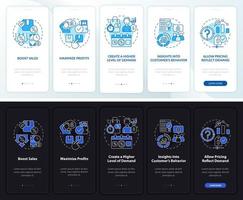 Dynamic pricing pros night and day mode onboarding mobile app screen. Walkthrough 5 steps graphic instructions pages with linear concepts. UI, UX, GUI template. Myriad Pro-Bold, Regular fonts used vector