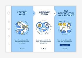 Good pricing strategy characteristics blue and white onboarding template. Responsive mobile website with linear concept icons. Web page walkthrough 3 step screens. Lato-Bold, Regular fonts used vector