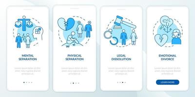 Divorce surviving blue onboarding mobile app screen. Acceptance stages walkthrough 4 steps graphic instructions pages with linear concepts. UI, UX, GUI template. Myriad Pro-Bold, Regular fonts used vector