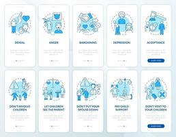 Divorce blue onboarding mobile app screen set. Couple breakup walkthrough 5 steps graphic instructions pages with linear concepts. UI, UX, GUI template. Myriad Pro-Bold, Regular fonts used vector