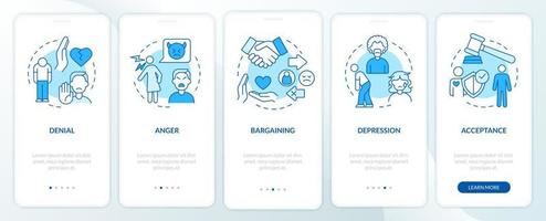 Divorce stages blue onboarding mobile app screen. Mental states walkthrough 5 steps graphic instructions pages with linear concepts. UI, UX, GUI template. Myriad Pro-Bold, Regular fonts used vector