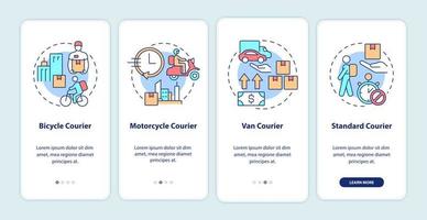 Courier business onboarding mobile app screen. Delivery service walkthrough 4 steps graphic instructions pages with linear concepts. UI, UX, GUI template. Myriad Pro-Bold, Regular fonts used vector