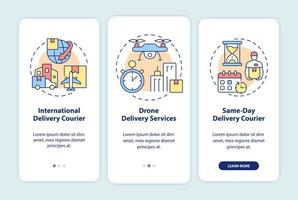 Courier delivery business onboarding mobile app screen. Cargo walkthrough 3 steps graphic instructions pages with linear concepts. UI, UX, GUI template. Myriad Pro-Bold, Regular fonts used vector