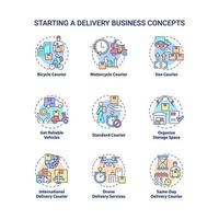Starting delivery business concept icons set. Shipping service idea thin line color illustrations. Isolated outline drawings. Editable stroke. Roboto-Medium, Myriad Pro-Bold fonts used vector