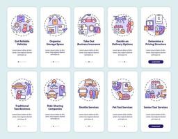 Start delivery business onboarding mobile app screen set. Service walkthrough 5 steps graphic instructions pages with linear concepts. UI, UX, GUI template. Myriad Pro-Bold, Regular fonts used vector