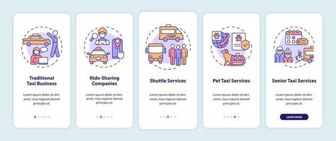 Taxi business types onboarding mobile app screen. Shipment walkthrough 5 steps graphic instructions pages with linear concepts. UI, UX, GUI template. Myriad Pro-Bold, Regular fonts used vector