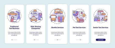 Taxi business types onboarding mobile app screen. Shipment walkthrough 5 steps graphic instructions pages with linear concepts. UI, UX, GUI template. Myriad Pro-Bold, Regular fonts used vector