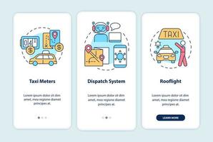 equipo para el negocio de taxis que incorpora la pantalla de la aplicación móvil. tutorial de servicio páginas de instrucciones gráficas de 3 pasos con conceptos lineales. interfaz de usuario, ux, plantilla de interfaz gráfica de usuario. innumerables fuentes pro-negrita y regulares utilizadas vector