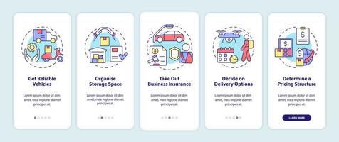 How to start courier business onboarding mobile app screen. Delivery walkthrough 5 steps graphic instructions pages with linear concepts. UI, UX, GUI template. Myriad Pro-Bold, Regular fonts used vector