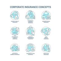 Corporate insurance turquoise concept icons set. Safety coverage idea thin line color illustrations. Isolated outline drawings. Editable stroke. Roboto-Medium, Myriad Pro-Bold fonts used vector