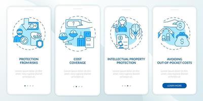 Insurance importance blue onboarding mobile app screen. Coverage walkthrough 4 steps graphic instructions pages with linear concepts. UI, UX, GUI template. Myriad Pro-Bold, Regular fonts used vector