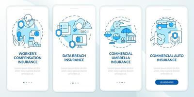 Coverage types blue onboarding mobile app screen. Assurance walkthrough 4 steps graphic instructions pages with linear concepts. UI, UX, GUI template. Myriad Pro-Bold, Regular fonts used vector