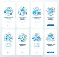 Corporate insurance blue onboarding mobile app screen. Business walkthrough 4 steps graphic instructions pages with linear concepts. UI, UX, GUI template. Myriad Pro-Bold, Regular fonts used vector