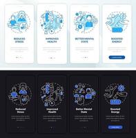 Life balance profit night and day mode onboarding mobile app screen. Tips walkthrough 4 steps graphic instructions pages with linear concepts. UI, UX, GUI template. Myriad Pro-Bold, Regular fonts used vector