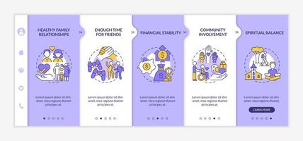 Signs of balanced life purple and white onboarding template. Harmony in life. Responsive mobile website with linear concept icons. Web page walkthrough 5 step screens. Lato-Bold, Regular fonts used vector