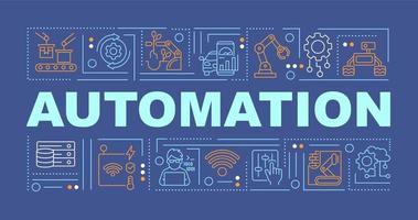 Automation word concepts dark blue banner. Innovative technology. Infographics with linear icons on background. Isolated typography. Vector outline color illustration with text. Arial-Black font used