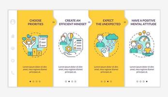 Balanced life tips yellow and orange onboarding template. Selfcare benefits. Responsive mobile website with linear concept icons. Web page walkthrough 4 step screens. Lato-Bold, Regular fonts used vector