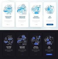 Balanced life night and day mode onboarding mobile app screen. Health walkthrough 4 steps graphic instructions pages with linear concepts. UI, UX, GUI template. Myriad Pro-Bold, Regular fonts used vector