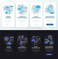 Harmonic life night and day mode onboarding mobile app screen. Health walkthrough 4 steps graphic instructions pages with linear concepts. UI, UX, GUI template. Myriad Pro-Bold, Regular fonts used vector