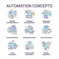 Automation concept icons set. Household and industrial automated devices idea thin line color illustrations. Isolated outline drawings. Editable stroke. Roboto-Medium, Myriad Pro-Bold fonts used vector