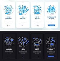 Balanced life idea night and day mode onboarding mobile app screen. Tips walkthrough 4 steps graphic instructions pages with linear concepts. UI, UX, GUI template. Myriad Pro-Bold, Regular fonts used vector