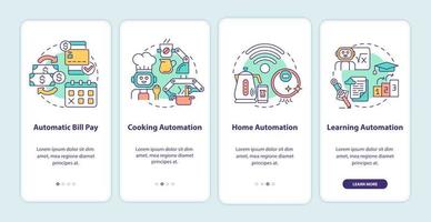 pantalla de aplicación móvil de incorporación de automatización de la vida cotidiana. Tutorial del sistema automático Páginas de instrucciones gráficas de 4 pasos con conceptos lineales. interfaz de usuario, ux, plantilla de interfaz gráfica de usuario. innumerables fuentes pro-negrita y regulares utilizadas vector