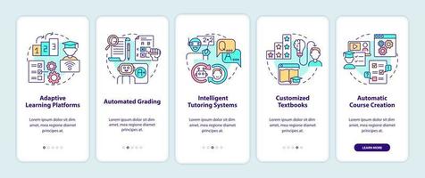 automatización del conjunto de pantallas de aplicaciones móviles de incorporación de educación. ai tutorial 5 pasos páginas de instrucciones gráficas con conceptos lineales. interfaz de usuario, ux, plantilla de interfaz gráfica de usuario. innumerables fuentes pro-negrita y regulares utilizadas vector