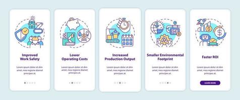 Benefits of automation onboarding mobile app screen. Production walkthrough 5 steps graphic instructions pages with linear concepts. UI, UX, GUI template. Myriad Pro-Bold, Regular fonts used vector