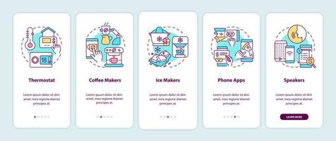 Examples of daily automation onboarding mobile app screen. Walkthrough 5 steps graphic instructions pages with linear concepts. UI, UX, GUI template. Myriad Pro-Bold, Regular fonts used vector