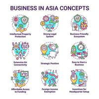 Business in Asia concept icons set. Business-friendly ecosystem idea thin line color illustrations. Connectivity. Isolated outline drawings. Editable stroke. Roboto-Medium, Myriad Pro-Bold fonts used vector