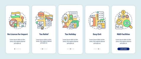 Business incentives in India onboarding mobile app screen. Tax relief walkthrough 5 steps graphic instructions pages with linear concepts. UI, UX, GUI template. Myriad Pro-Bold, Regular fonts used vector