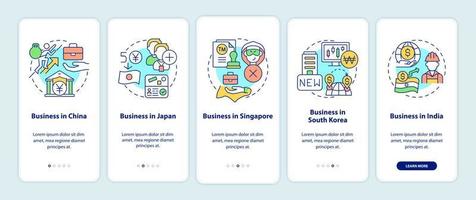 Best countries to start business in onboarding mobile app screen. Walkthrough 5 steps graphic instructions pages with linear concepts. UI, UX, GUI template. Myriad Pro-Bold, Regular fonts used vector