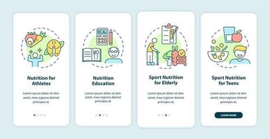 comer para hacer ejercicio y deportes incorporando la pantalla de la aplicación móvil. tutorial de nutrición páginas de instrucciones gráficas de 4 pasos con conceptos lineales. interfaz de usuario, ux, plantilla de interfaz gráfica de usuario. innumerables fuentes pro-negrita y regulares utilizadas vector