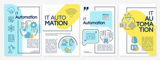 Plantilla de folleto azul y amarillo de automatización de TI. programa de computadora. diseño de impresión de folletos con iconos lineales. diseños vectoriales para presentación, informes anuales, anuncios. arial black, innumerables fuentes pro regulares utilizadas vector