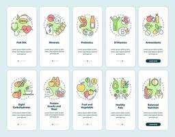 conjunto de pantalla de aplicación móvil de incorporación de suplementos y nutrición física. tutorial de vida 5 pasos páginas de instrucciones gráficas con conceptos lineales. interfaz de usuario, ux, plantilla de interfaz gráfica de usuario. innumerables fuentes pro-negrita y regulares utilizadas vector