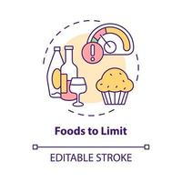 Foods to limit concept icon. Avoid unhealthy products for wellness abstract idea thin line illustration. Isolated outline drawing. Editable stroke. Roboto-Medium, Myriad Pro-Bold fonts used vector